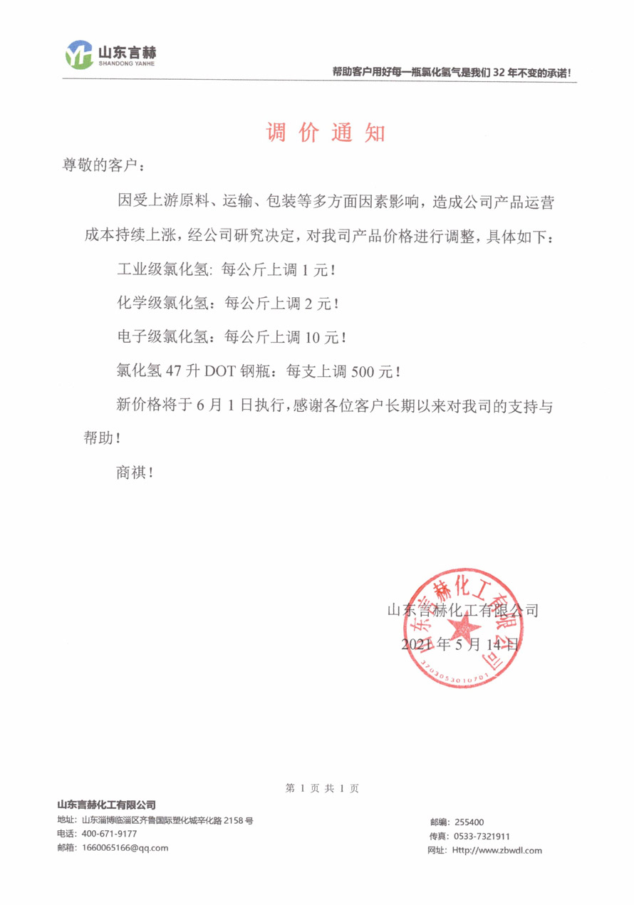 氯化氫價(jià)格上調通知